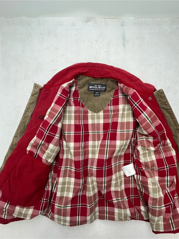 Woolrich Womens Red Quilted Plaid Lined Corduroy Trim Field Utility Jacket Small - Image 10
