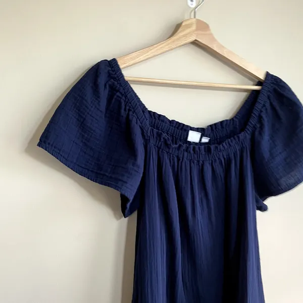 GAP cotton short sleeved knee-length navy dress‎ pockets women's M ruffle detail - Image 2