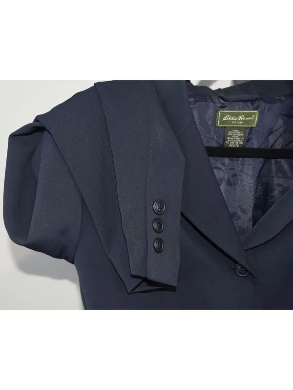 Eddie Bauer Womens Petite 14 Navy Blue 90s Vintage Blazer Career Office Jacket - Image 4