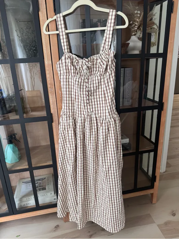 Anthropologie NWT Gingham midi dress Avec Les Filles Ruched Sleeveless Square Neck drop waist - Image 2