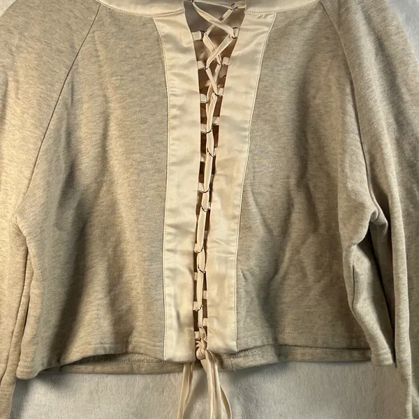 Endless Rose Beige Ribbed Bell Sleeve Lace‎ Up Front Cropped Sweatshirt Top M - Image 7