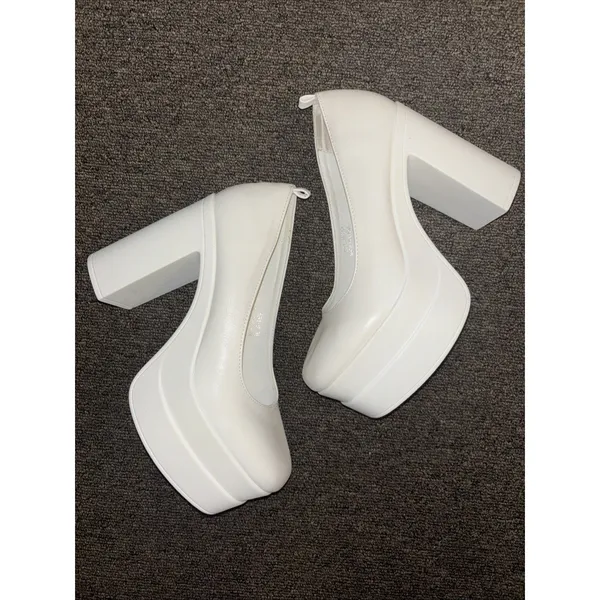 Women’s White Chunky Block High Heels Shoes Platform Shoes Pumps 8.5 - Image 5