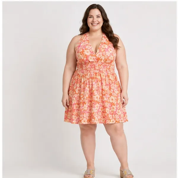 Madden NYC Womens Plus 3X Tropical Floral Halter Mini Smocked Dress Pink Orange - Image 2