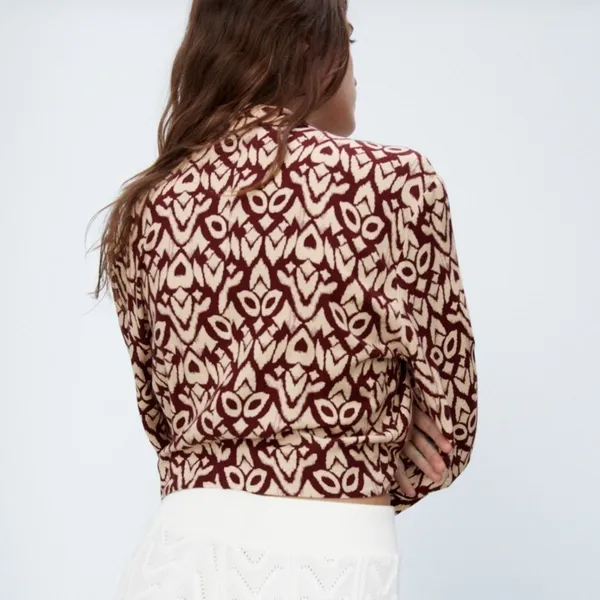 Zara Printed Long Sleeve Wrap Blouse in‎ Red Cream Size Small - Image 5