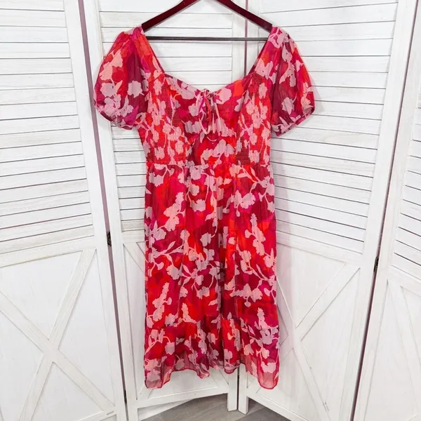 Torrid Floral Crinkle Fabric Tiered Puff Sleeve Smocked Midi Dress Red‎ Pink 12 - Image 10