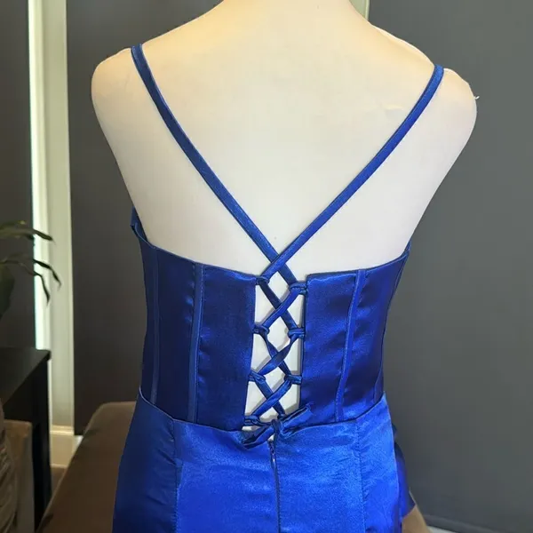 Women’s Blue Full Length Prom Dress CrissCross Straps Leg Slit Size 6 *READ - Image 5