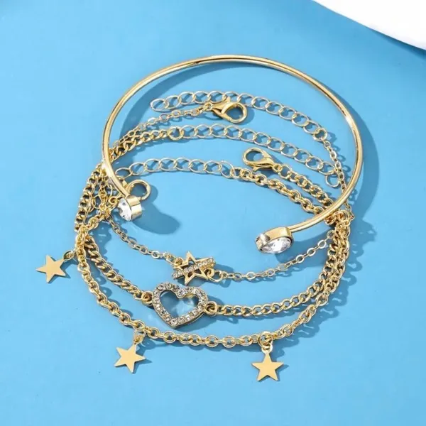 Set of 4 Golden Bracelets with Heart and Stars - Crystals - Image 2