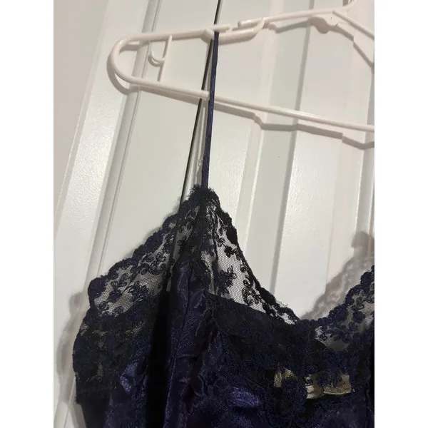 Victoria's Secret Slip Dress Vintage Jacquard Navy Blue Lace Trim Large Coquette - Image 2
