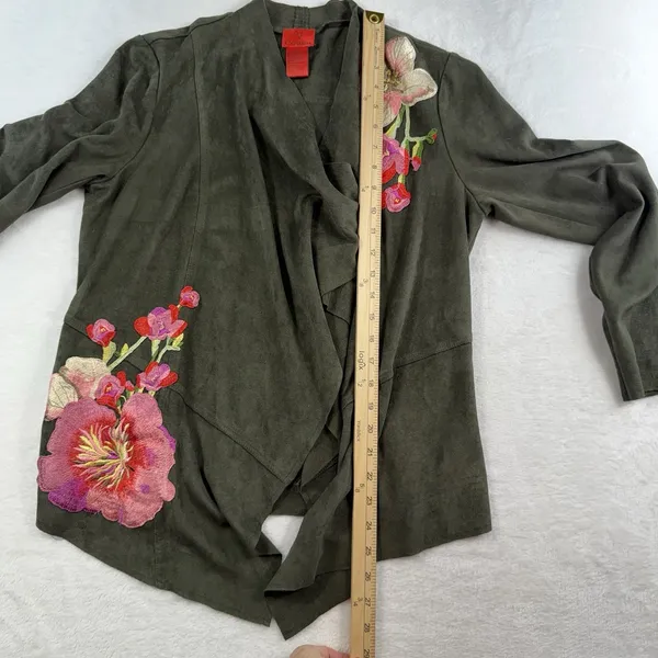 V Christina M Medium Cardigan Jacket Faux Suede Moss Green Floral‎ Embroidered - Image 9