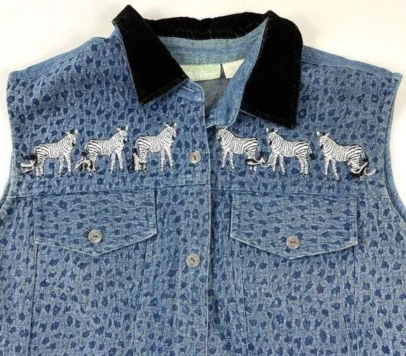 Vintage 100% Cotton Animal Print Denim Vest - Image 2