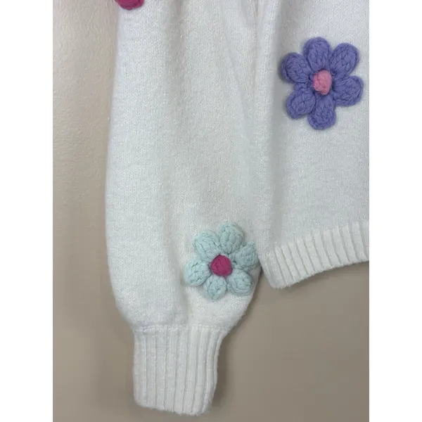 Francesca’s Sweater Size XS White Floral Crochet Flower Knit Pullover Crew Neck - Image 7