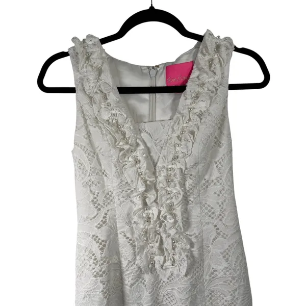 Lilly Pulitzer Kiera Shift Dress White Lace Pearl Ruffle Bride‎ Preppy Womens 0 - Image 4