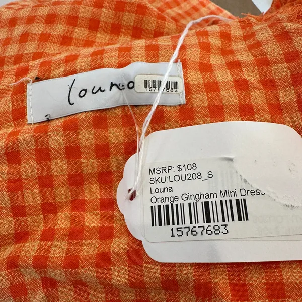 Louna Orange Gingham Mini Dress SMALL Peasant Puff Sleeve Milkmaid Cotton $108 - Image 13