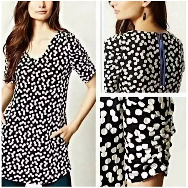 Deletta Anthropologie Polka Dot Textured Tunic Dress Black‎ White Puff Sleeve S - Image 2