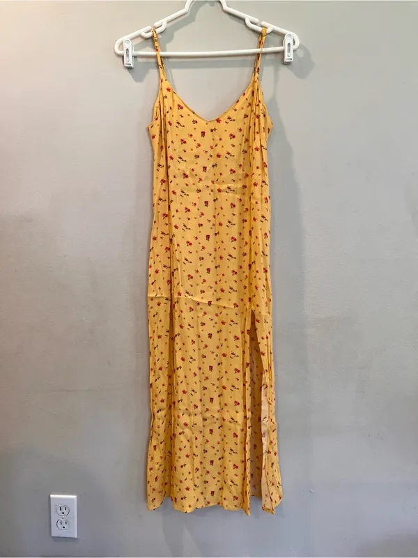 Reformation Crimini Yellow Floral Print Midi Sip Dress Leg Slit Size 0/XS - Image 2