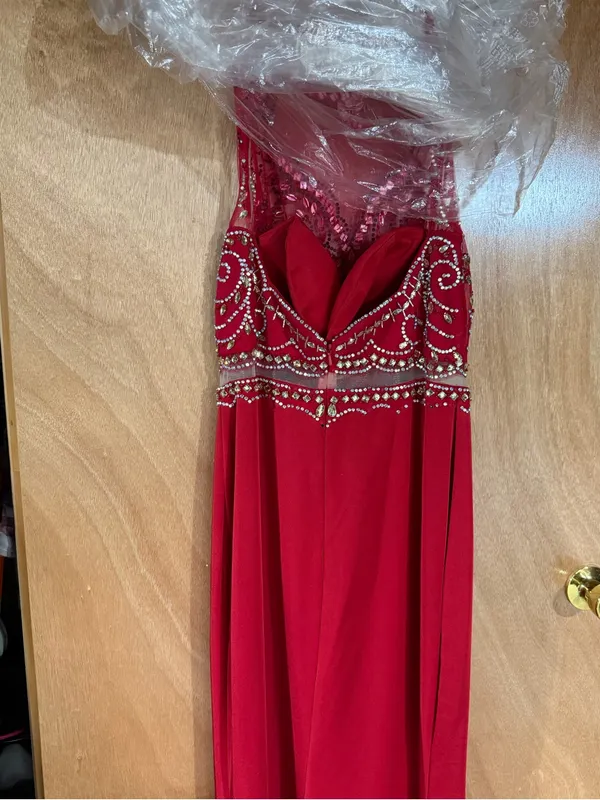 Dancing Queen Red Beaded Illusion Bodice Gown - Image 3