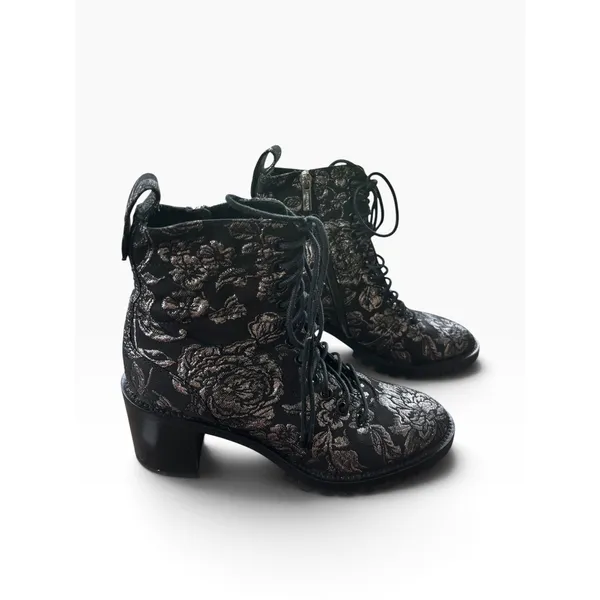 Jimmy Choo Floral Brocade Combat Boots 38.5 Black Silver Metallic Whimsigoth - Image 4