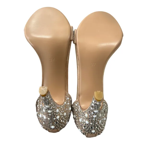 Nude & Crystal White Feather Tassel Ankle Strap Stiletto Sandal Heel Bridal - Image 6