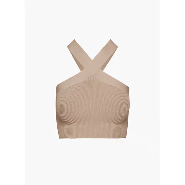 Aritzia Babaton Sculpt Beige Ribbed Knit Criss Cross Sleeveless Crop Tank Top XS - Image 9