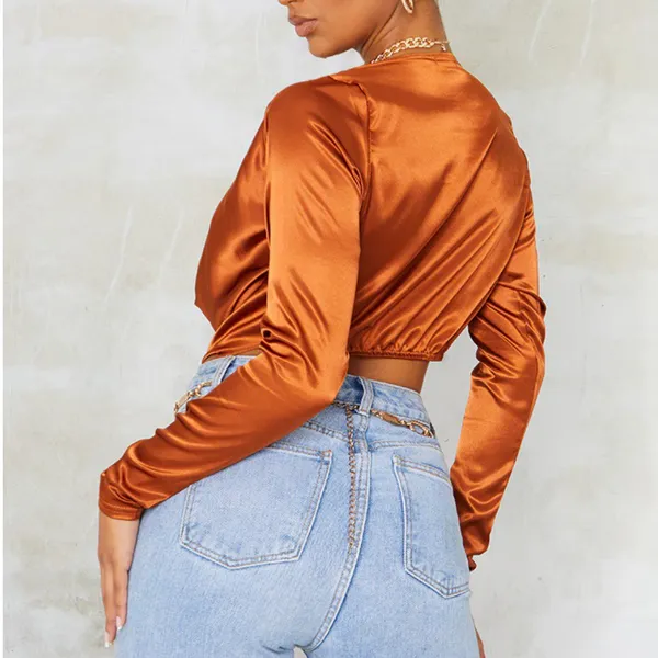 Pretty Little Thing New Satin Cowl Neck Long Sleeve Crop Top Rust Size 6 - Image 4