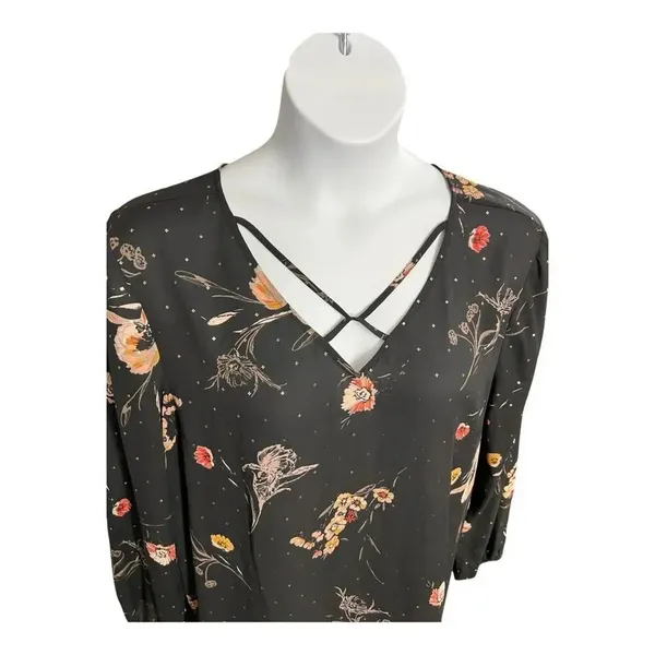 Maurices Black Floral Glitter Top Tunic XXL Criss-Cross Long Sleeve Pullover - Image 2