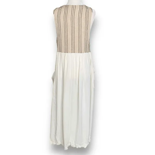 Vintage 90s Linen Rayon Colorblock Maxi Dress Boho Neutral Cottage Patch Pockets - Image 5