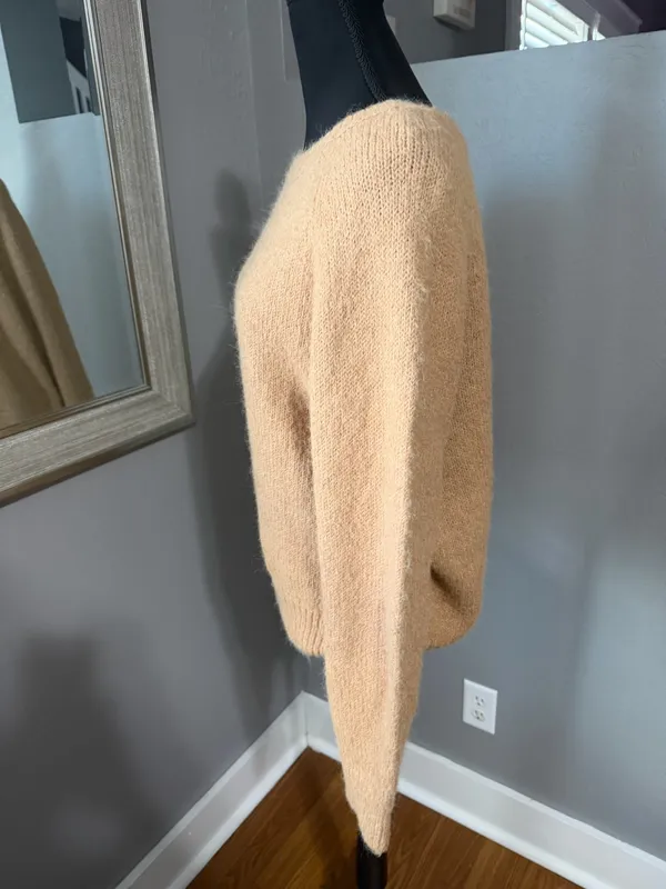 Express Camel Fuzzy Knit Wool Blend Crewneck Old Money Sweater Medium - Image 3