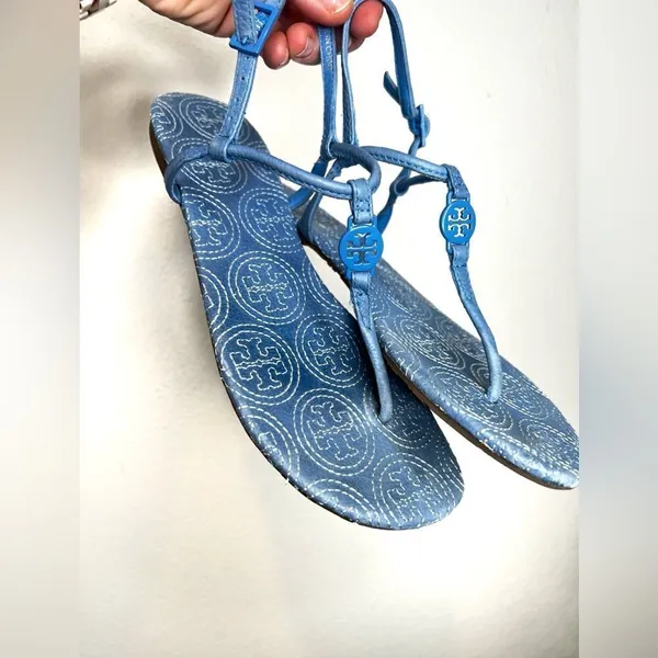 TORY BURCH Sandals Emmy Stitched Logo Leather Flat Thong Blue Ocean Breeze - Image 6