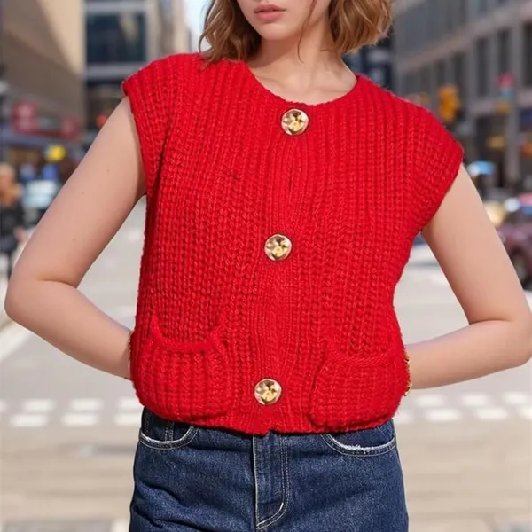 Knit Oversized Gold Button Sleeveless Vest Womens Large Red - Image 2