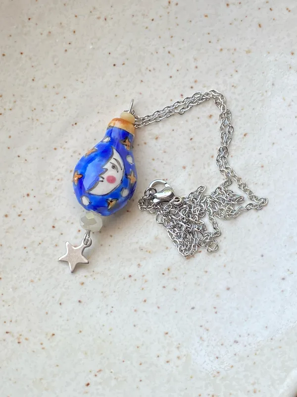 Handmade ceramic moon & star whimsical fairy boho funky vintage style necklace🌟🌛🧡 - Image 6