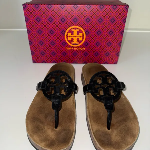Tory Burch Women's Miller Cloud Sandals Black Patent Leather Natural Size 8 - Image 5