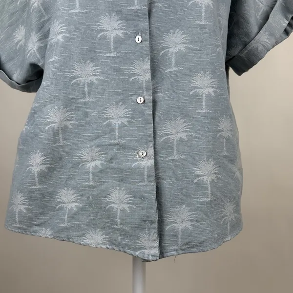 Zara Blue Palm Tree Print Button Down Short Sleeve Collared Blouse Shirt Top M - Image 3