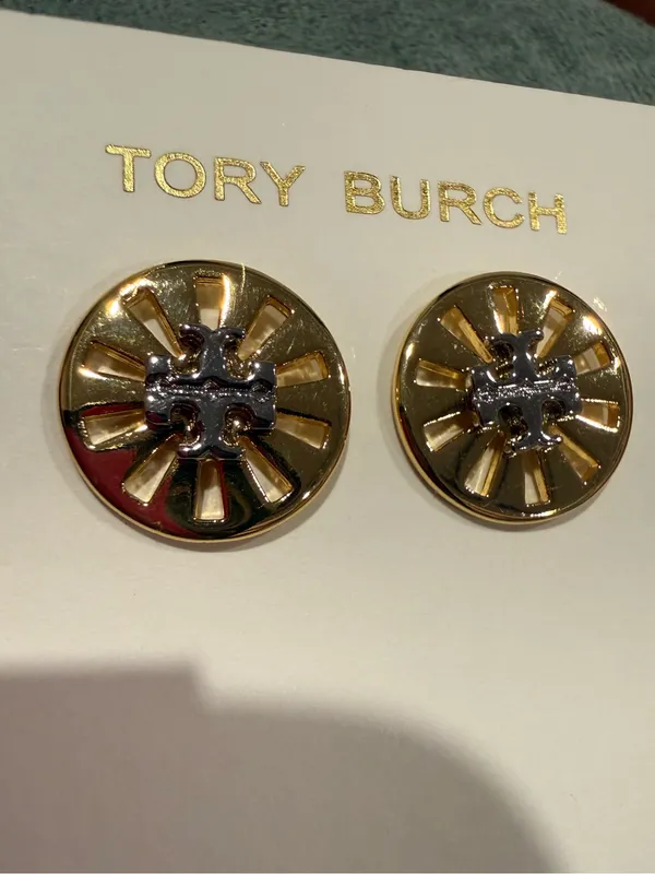 Tory Burch | Gold Plated | Gold and Silver Logo Round Stud Earrings - Image 2
