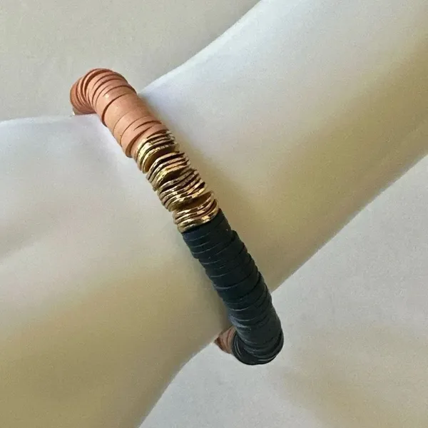Canvas blue gold tone and peach stretchy clay disc bracelet - Image 4