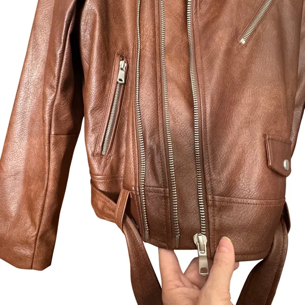7 For All Mankind Women's Faux Leather Moto Jacket Brown L‎ Biker Chic Punk Rock - Image 7