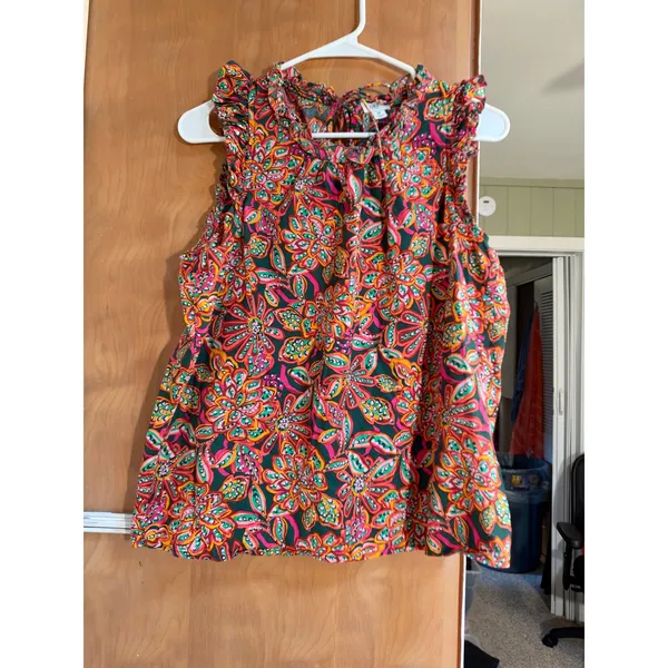 J. Crew Factory Women's Size Medium Sleeveless Ruffle Top Dark Green Pink Orange - Image 2