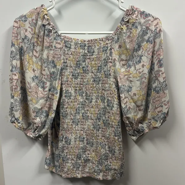 Bohme Floral Faux Button Front Smocked Back Balloon Half Sleeve Top Small - Image 6