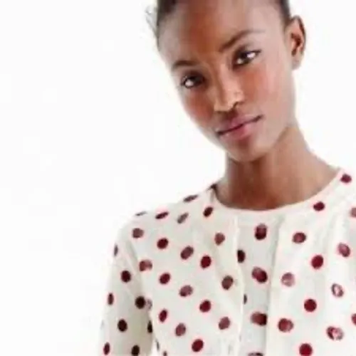 J.Crew Tippi Cardigan Sweater ‎ Medium Merino Wool Polka Dot Sequin Cream Red - Image 2