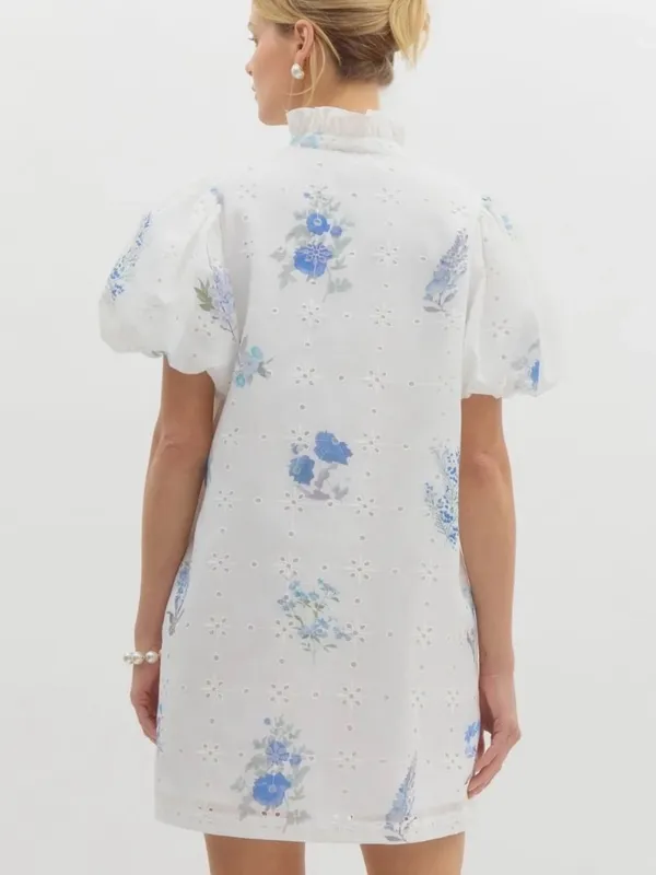 entro White Floral Eyelet Puff-Sleeve Shirt Dress Size S - Image 3