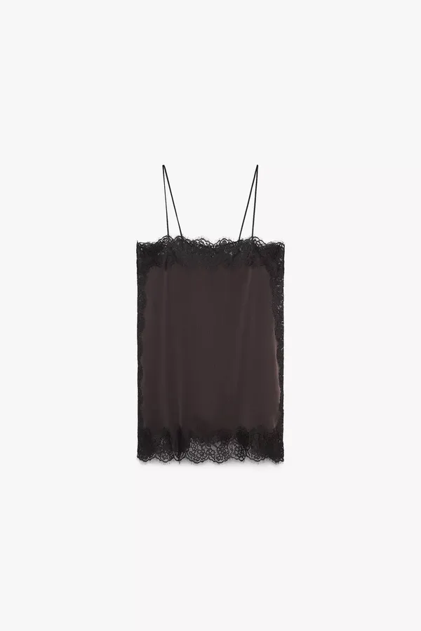 Zara satin Lace-Trim Slip Dress Top in Deep Brown - Image 6