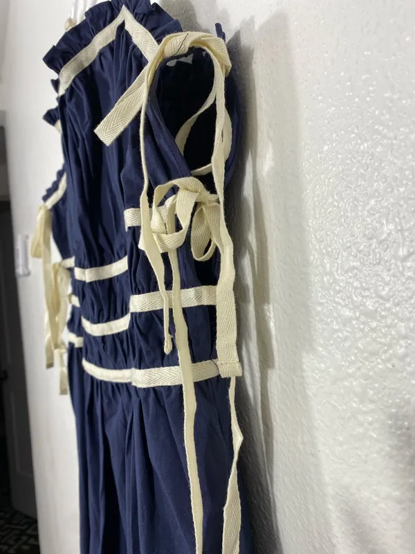 Navy Midi Dress with White Trim and Spaghetti Straps Size L 100% Cotton - Image 5