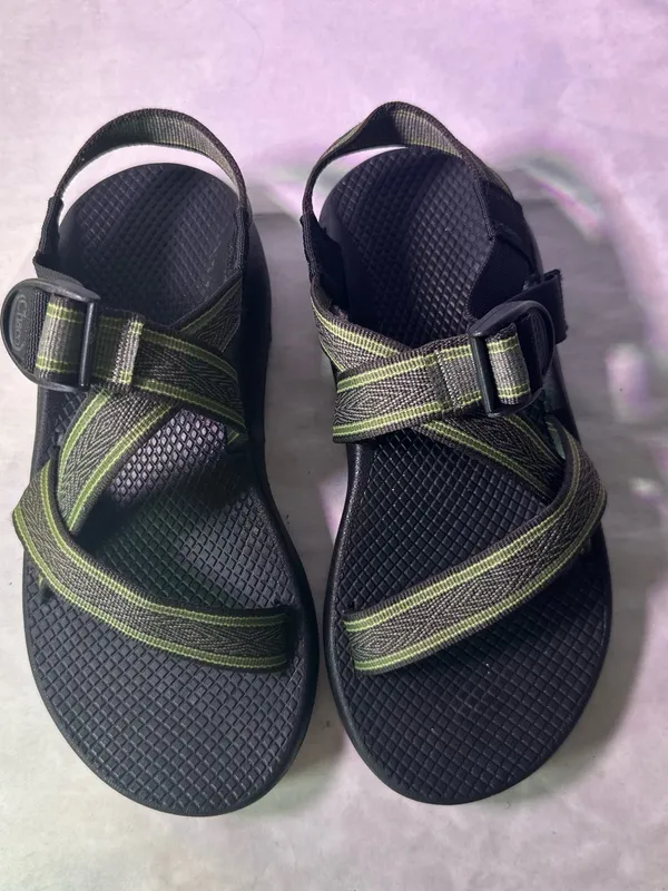 Chacos Black Sandal with Olive and Tan Striped Webbing - Image 5