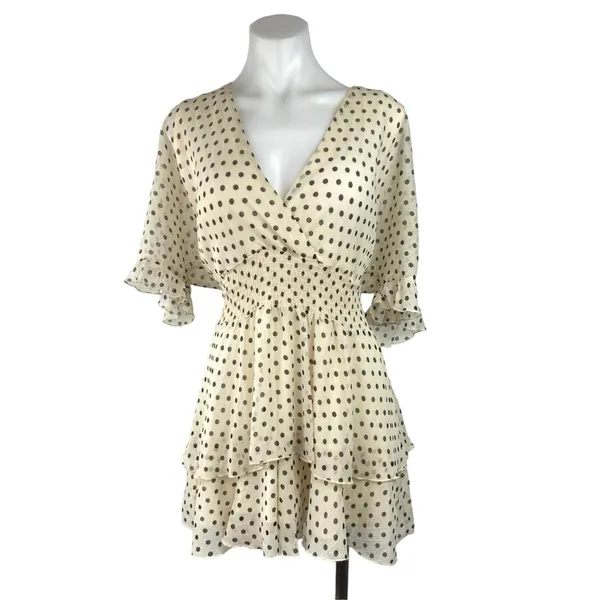 Zara Off White Polka Dot V-neck Wrap Ruffle Layered Smocked Tiered Mini Dress L - Image 2