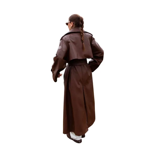 Brown Faux Leather Trench Coat with Belt – Brand New - Image 2