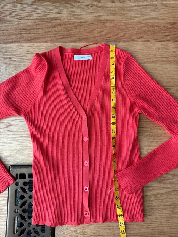 Mango Red Ribbed Fitted Button Front Cardigan Top M - Image 4