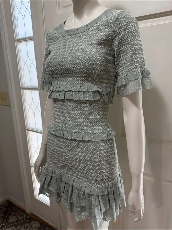 LoveShackFancy Aveline Ruffled Dress Printed Smocked Bell Sleeve Mint Sz XS A - Image 7