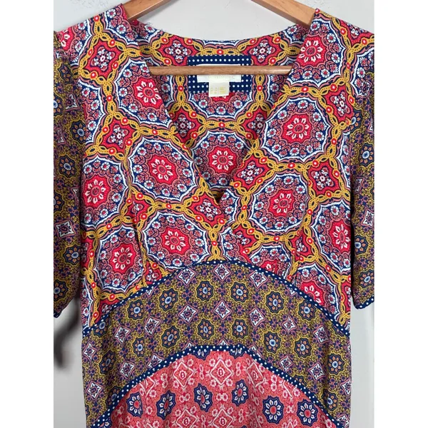 Maeve Anthropologie Eder Tiered Maxi Dress Womens 4 Medallion Boho Puff Sleeve - Image 4