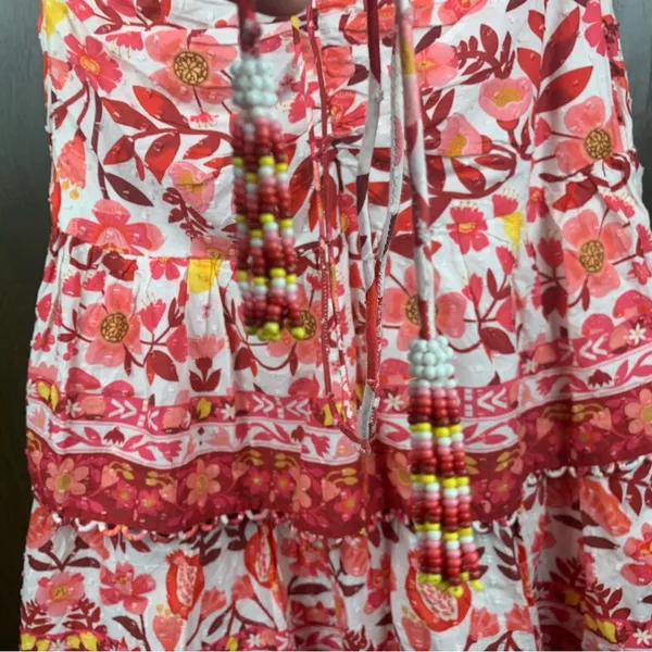 Farm Rio size XS romantic orchard tiered midi dress pink red white - Image 14