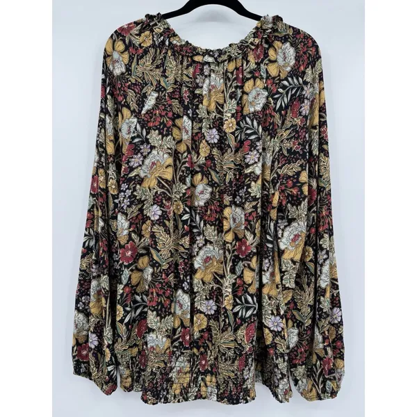 DR2 by Daniel Rainn Black Blouse Sz XL Multi Floral Metallic Gold Tie Front Boho - Image 4