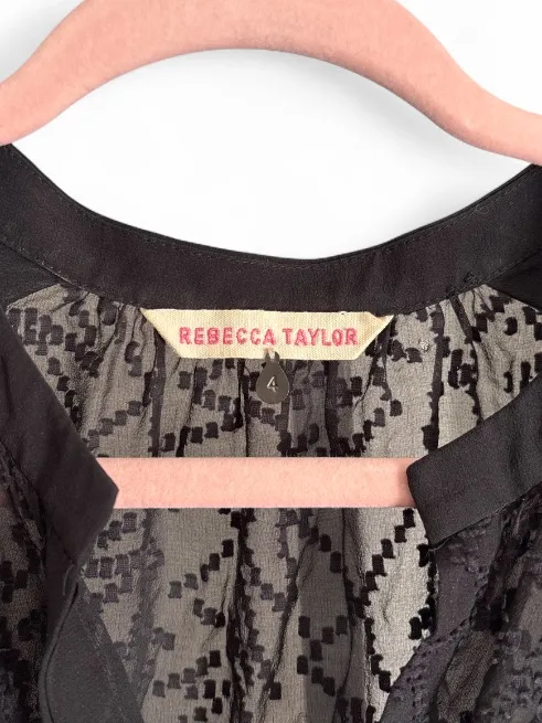 Rebecca Taylor Y2K Black Textured Button-Front Blouse Silk Blend Sheer Top Sz 4 - Image 4